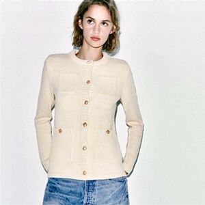Zara cream knit cardigan with jewel buttons and shoulder pads sz.XL
